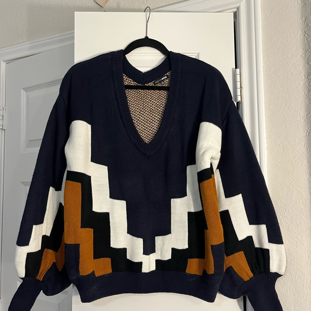 Fashion Nova V-Neck Sweater - Navy, White, Mustard